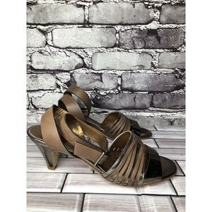 Nanette Lepore Silver Patent Brown Leather Ankle Straps Heels Women Sz 38EU/7.5M